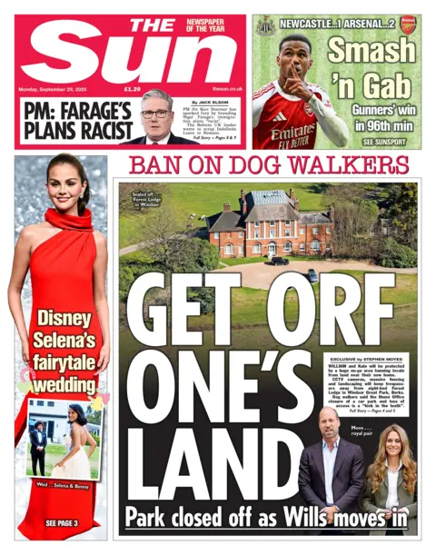 The headline on the front page of the Sun reads: "Get orf one's land". 