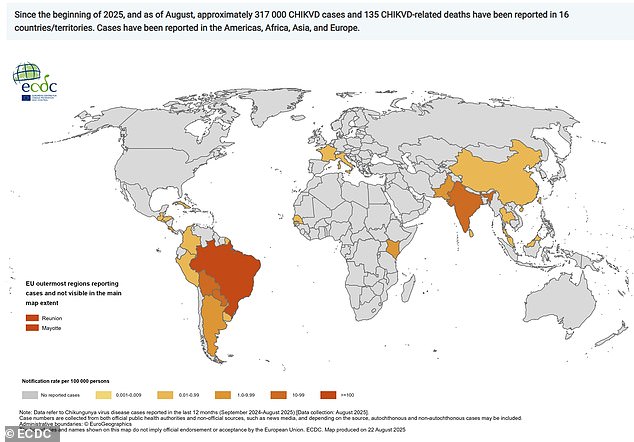 The above map shows the global tally for cases of chikungunya virus. It does not include the US because the infection here has yet to be confirmed
