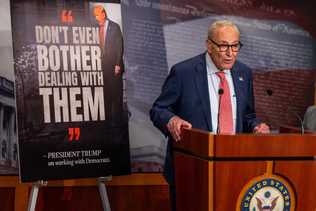 Senate Minority Leader Charles Schumer (D-NY) speaks to media during a press conference at the U.S. Capitol on September 19, 2025 in Washington, DC. Schumer, along with other top Congressional leadership, will meet with President Trump Monday ahead of a government shudown.