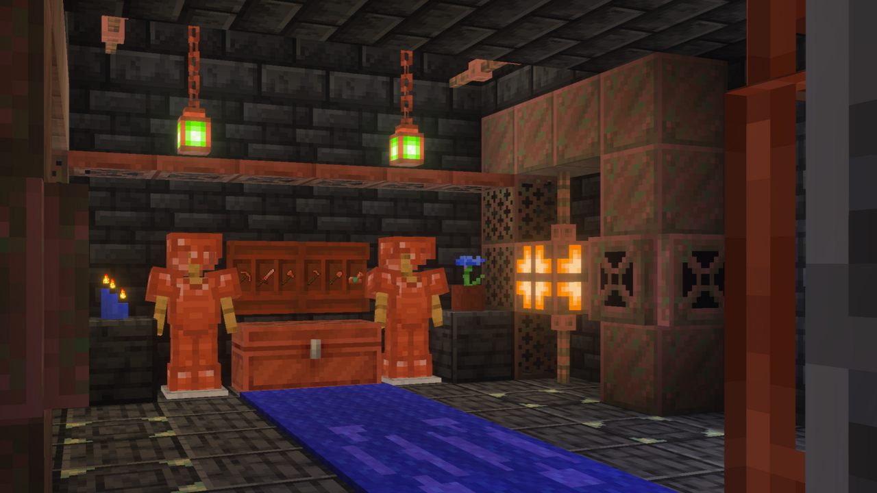 The copper chest, copper armor, copper lanterns, and other copper tiles.