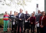 Oregon Gov. Tina Kotek, center, at a news conference in Portland, Ore., Sept. 27, 2025, responding to President Donald Trump’s statements about sending troops to the city.
