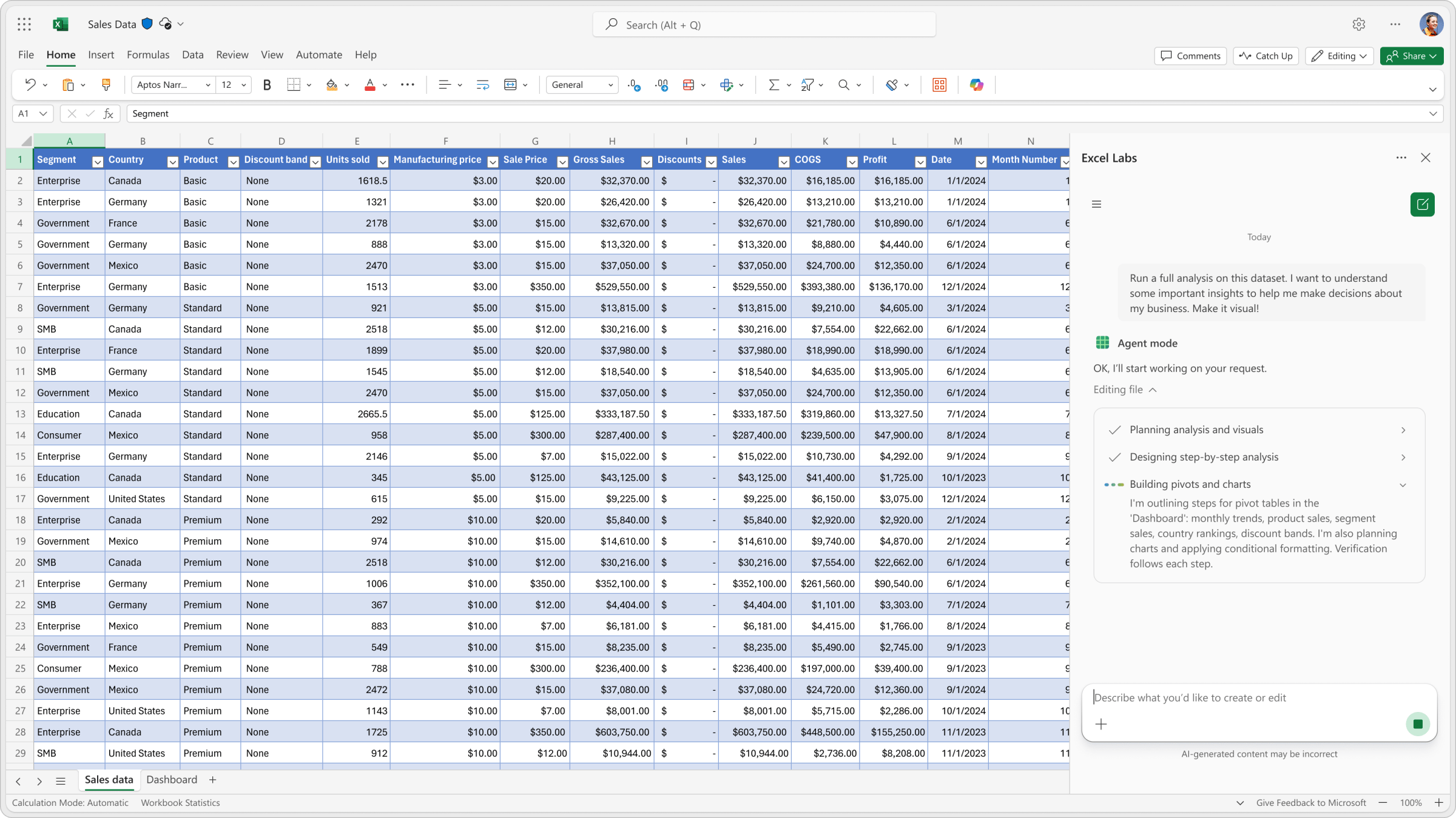 Agent Mode performing tasks inside Excel on the web.