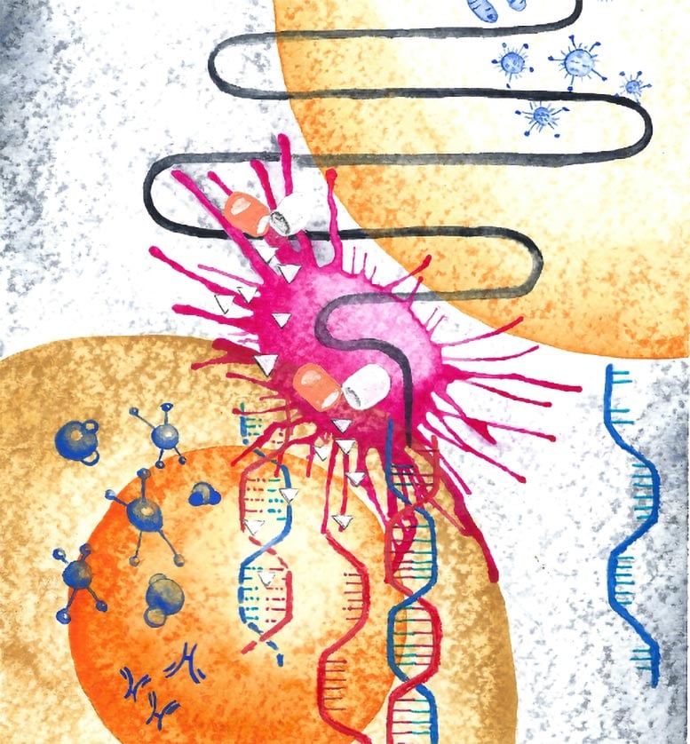 Artistic Illustration of Microbes, DNA, and Cancer Drugs