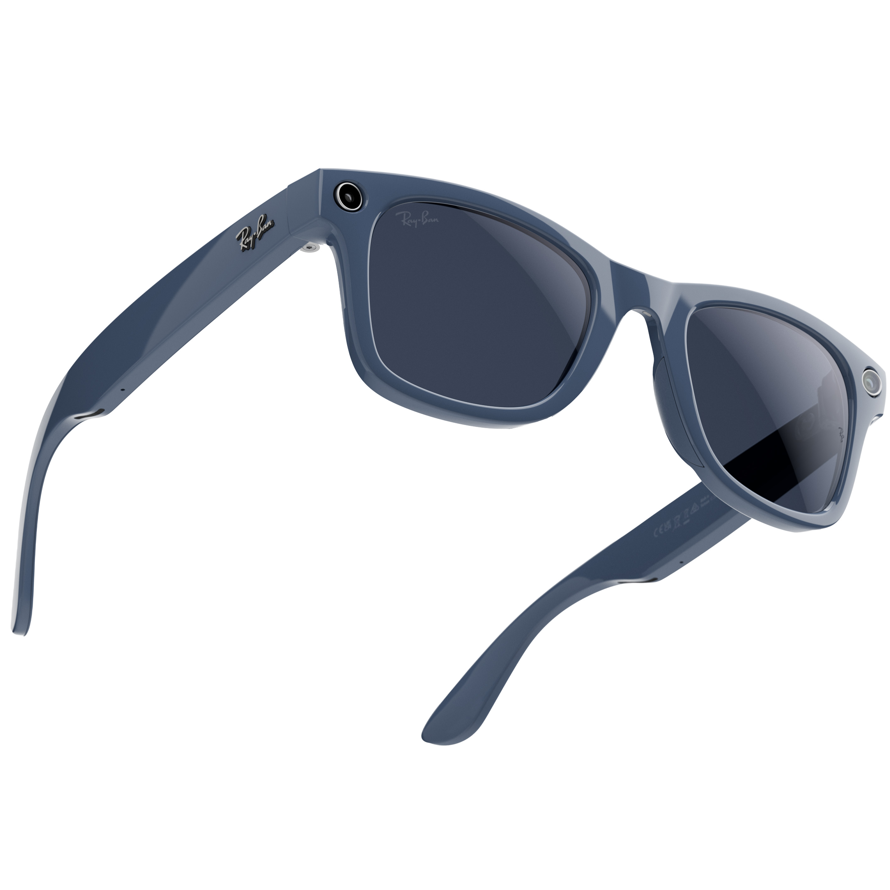 An official product render of Ray-Ban Meta (Gen 2) smart glasses Wayfarer style with blue frames and blue lenses