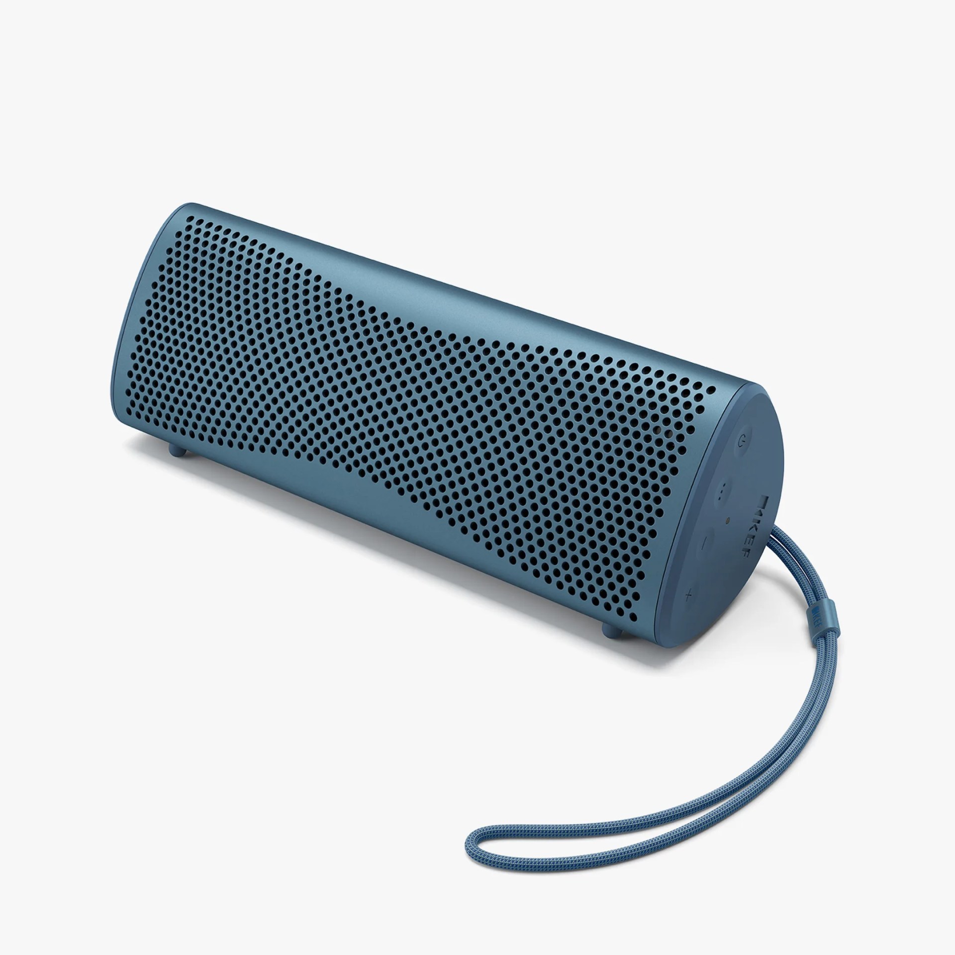 Portable cylindrical Bluetooth speaker in matte blue with a perforated grille, control buttons on one end, and a matching blue carrying strap.