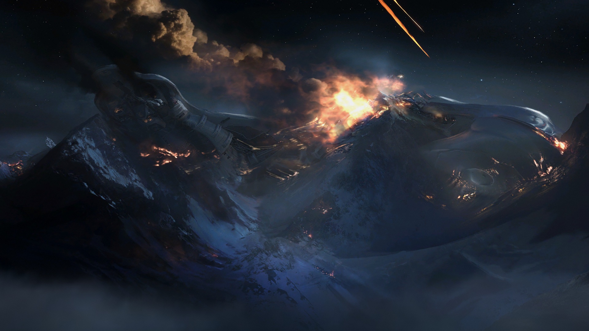 Halo: Reach image of the Long Night of Solace's wreckage strewn over a mountain