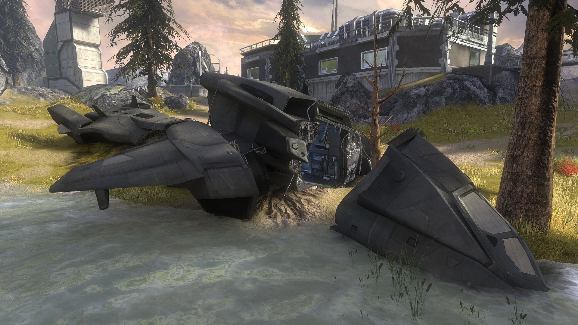 Halo: Reach screenshot of Pelican Bravo 001 destroyed on the map Highlands