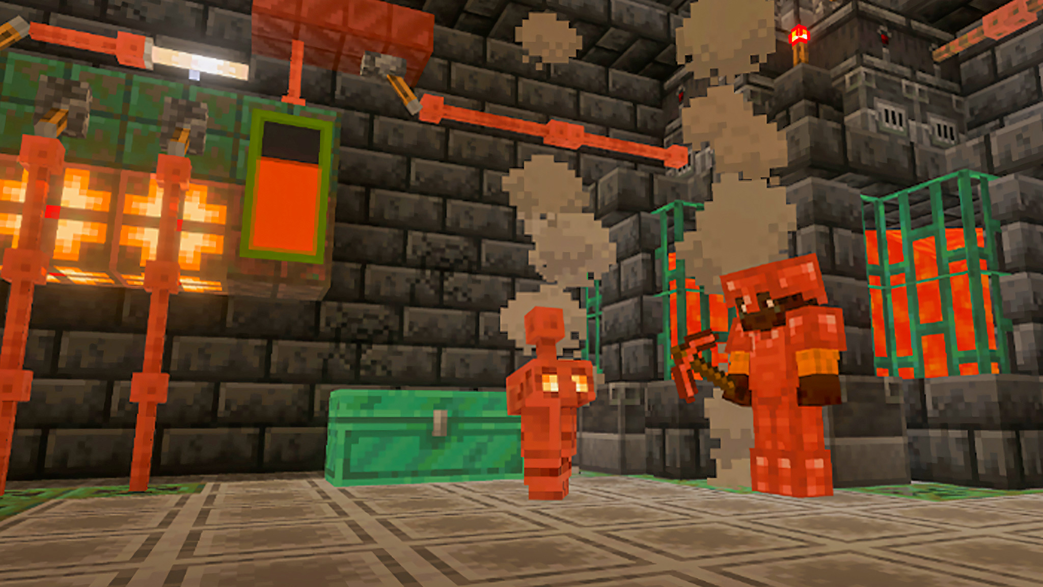 Someone wearing copper armor and holding a copper axe in the Minecraft Copper Age update.