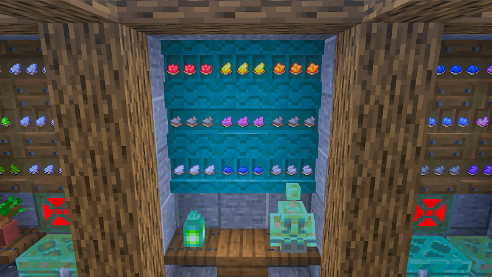 Several shelves holding various items in the Minecraft Copper Age update.