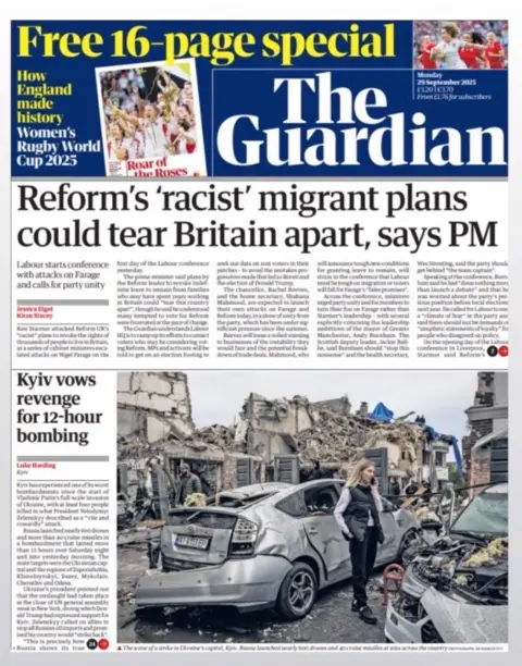 The headline on the front page of the Guardian reads: "Reform's 'racist migrant plans could tear Britain apart, says PM."