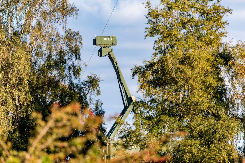 A mobile radar installation pictured at the Danish military site on Amager, Pionegaarden, near the village of Dragoer and on the coast of Oresund, the sea between Denmark and Sweden, on September 26, 2025.