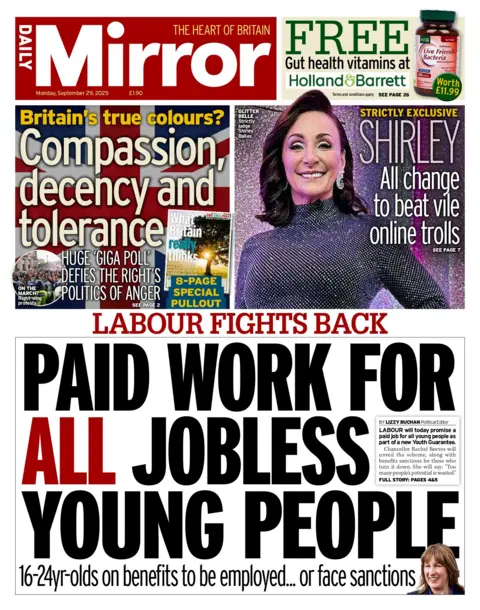 The headline on the front page of the Daily Mirror reads: "Paid work for all jobless young people". 