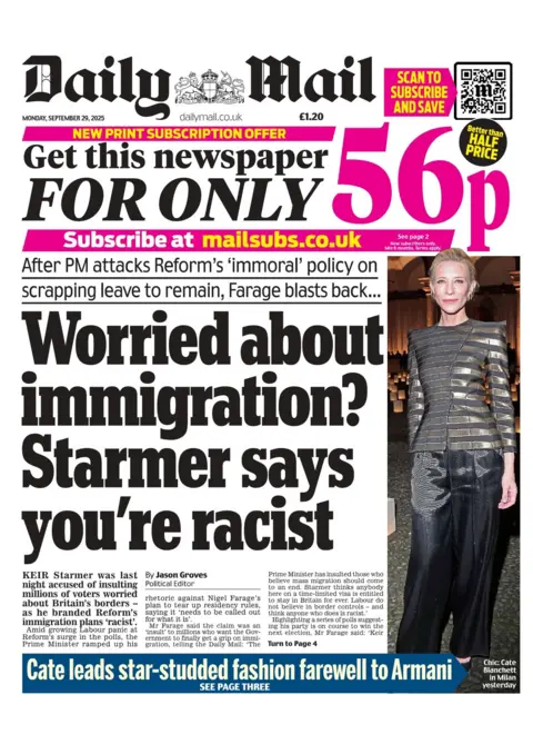 The headline on the front page of the Daily Mail reads: "Worried about immigration? Starmer says you're racist". 