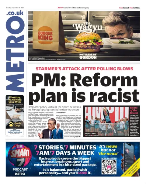 The headline on the front page of Metro reads: "PM: Reform plan is racist'. 