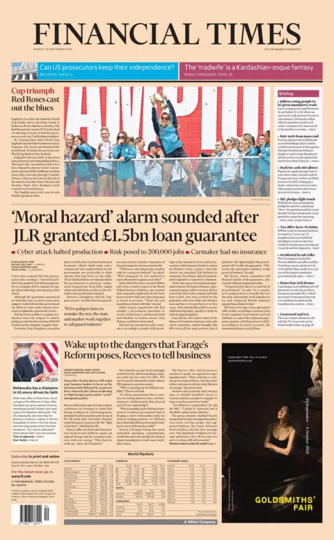 The headline on the front page of the Financial Times reads: "'Moral hazard' alarm sounded after JLR granted £1.5bn loan guarantee". 