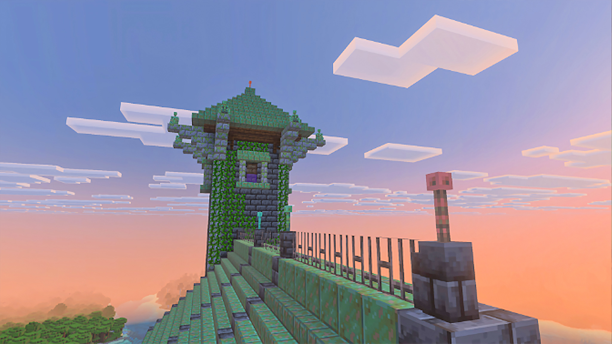 The roof of a building in the Minecraft Copper Age update that has a copper lightning rod.