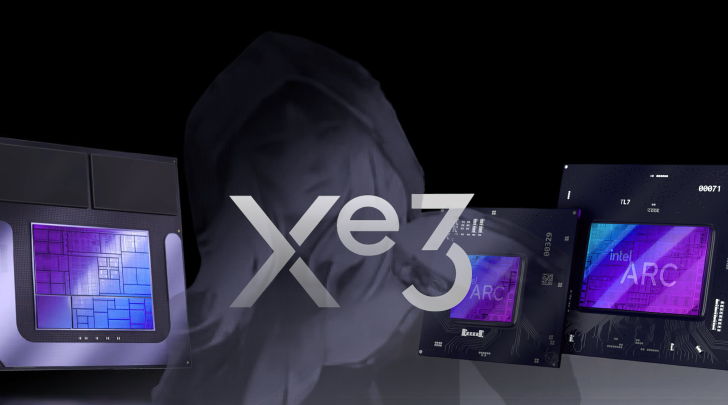 Intel Arc graphics chips with Xe3 text and digital face backdrop.