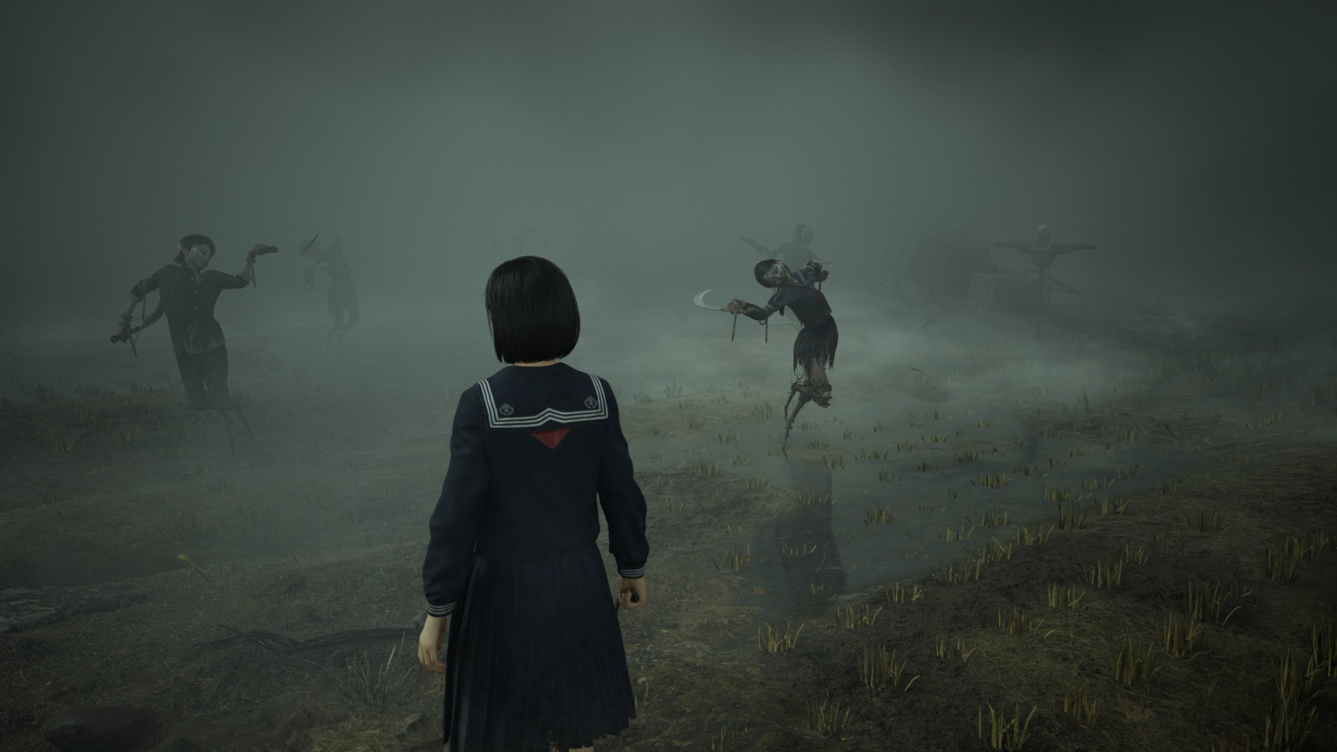 Hinako looks at a field of scarecrows dressed as school children.
