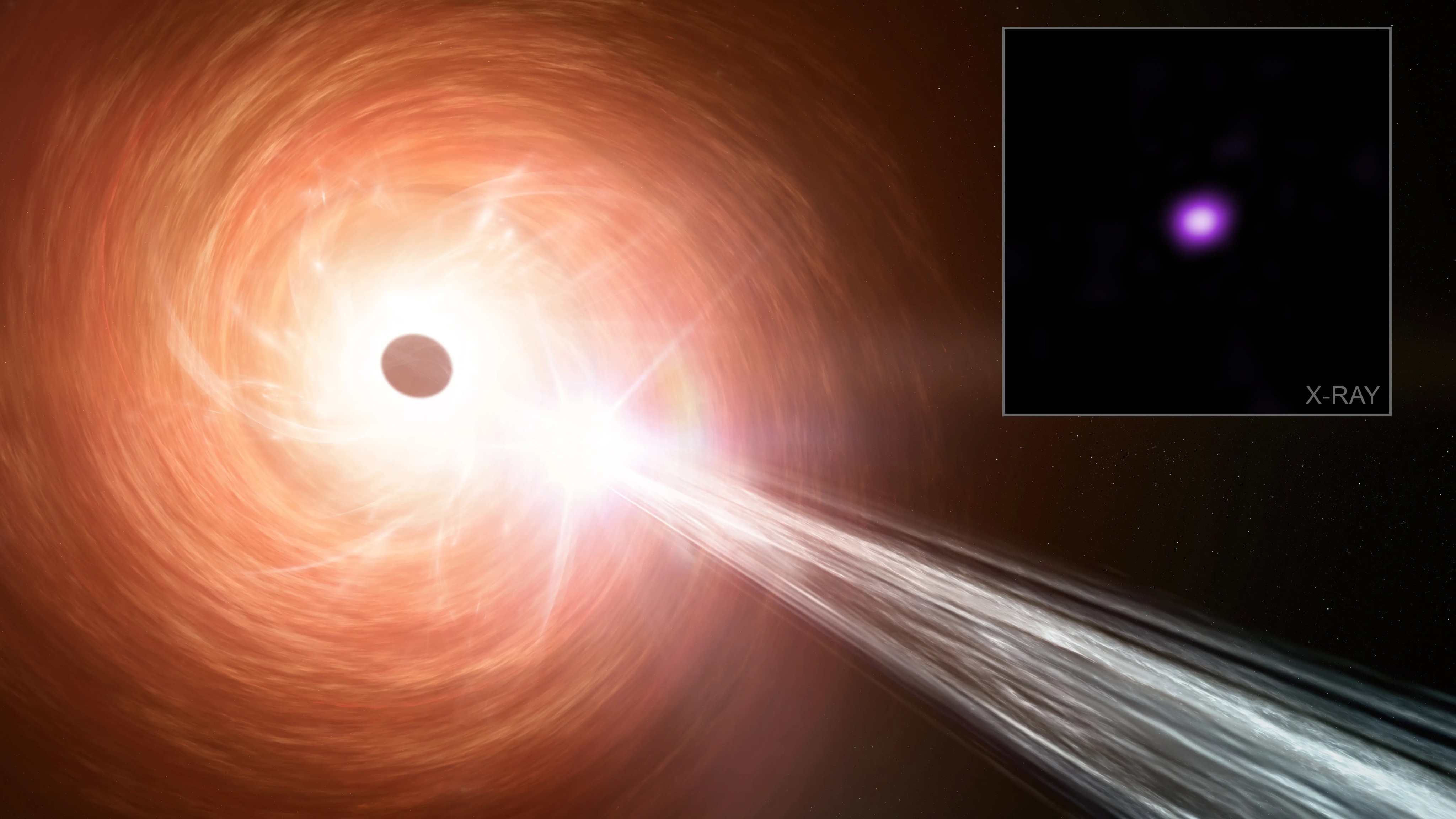 An illustration of a supermassive black hole blasting out a jet of energy in the early universe